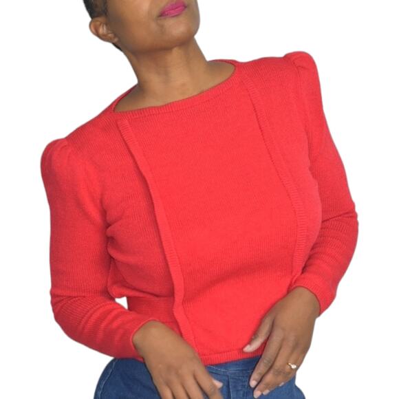 Vintage St John Top Red Sweater Santana Knit Puff Sleeve 80s Marie Gray Size 4 - Picture 1 of 16